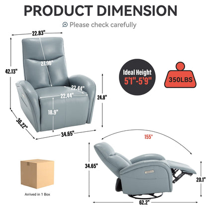 Fauteuil inclinable électrique en cuir bleu avec pivot à 270°, mouvement de bascule, soutien lombaire et options de chargement USB et Type-C