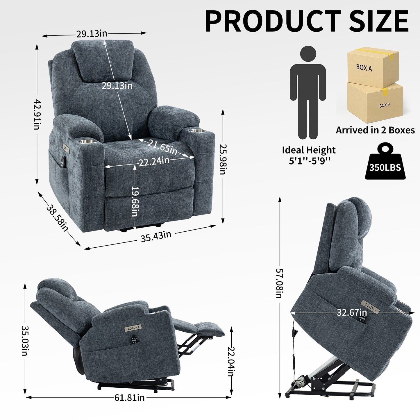 Fauteuil inclinable releveur bleu avec massage 8 points, chauffage lombaire, deux ports USB et porte-gobelets en acier inoxydable
