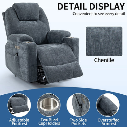 Fauteuil inclinable releveur bleu avec massage 8 points, chauffage lombaire, deux ports USB et porte-gobelets en acier inoxydable