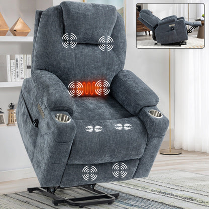 Fauteuil inclinable releveur bleu avec massage 8 points, chauffage lombaire, deux ports USB et porte-gobelets en acier inoxydable