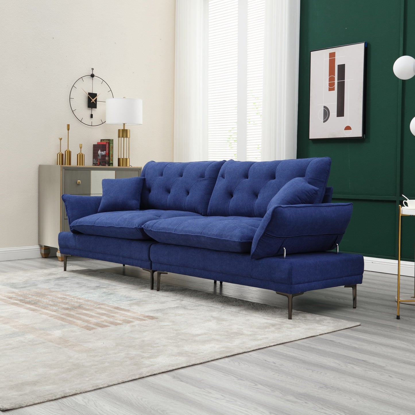 Canapé causeuse en lin bleu moderne 102.36 avec accoudoirs réglables et coussins capitonnés pour le salon