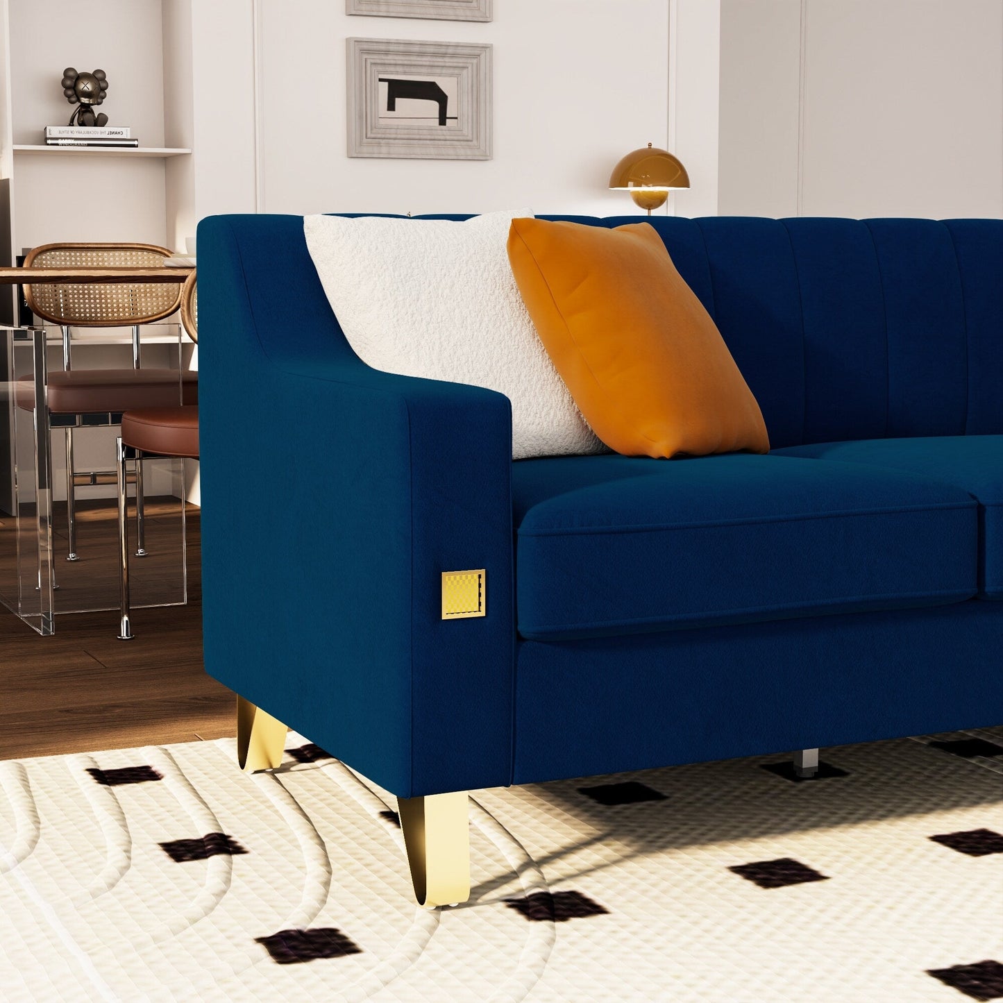 Canapé 3 places en velours bleu moderne 81,89 $ avec touches dorées et coussins moelleux pour le salon