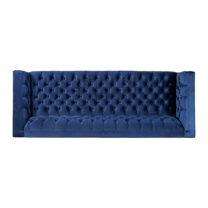 Canapé 3 places bleu moderne en similicuir 86,75 pouces, capitonné avec boutons et pieds en fer lisses en forme de T pour le salon