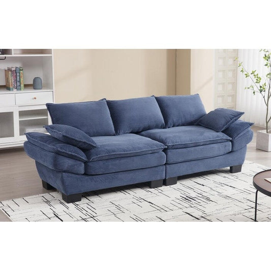 Canapé 3 places en velours côtelé bleu moderne 88,6 avec deux coussins et pieds larges en plastique pour le salon