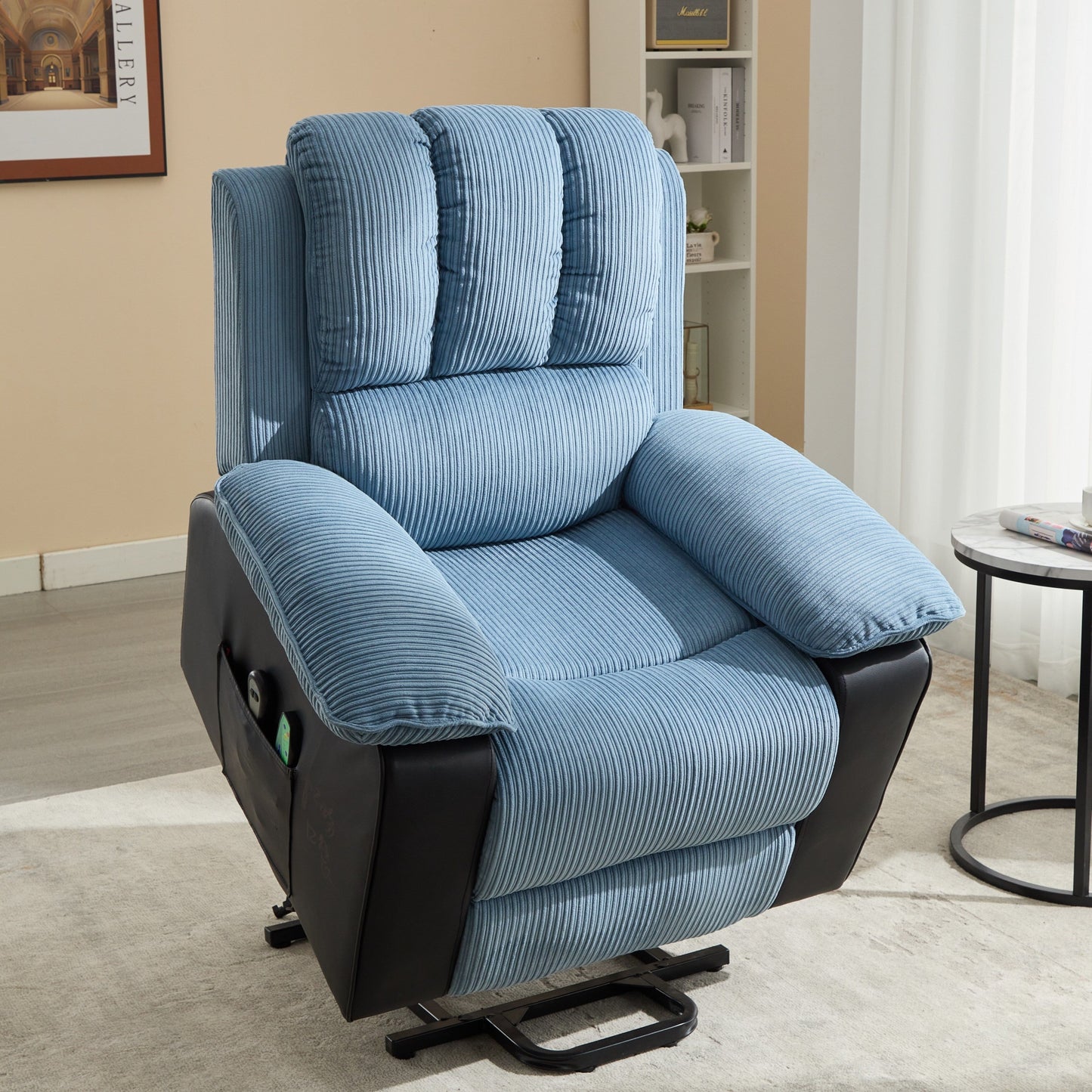 Fauteuil inclinable chauffant bleu moderne avec 8 moteurs de massage et 10 niveaux d'intensité, idéal pour se détendre au salon