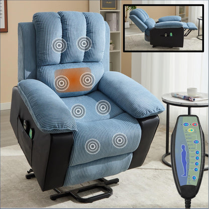 Fauteuil inclinable chauffant bleu moderne avec 8 moteurs de massage et 10 niveaux d'intensité, idéal pour se détendre au salon