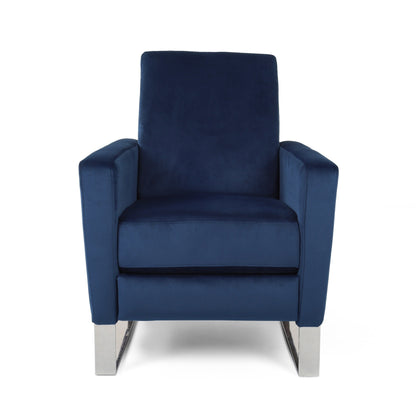 Fauteuil inclinable moderne en velours bleu avec repose-pieds et pieds en acier inoxydable