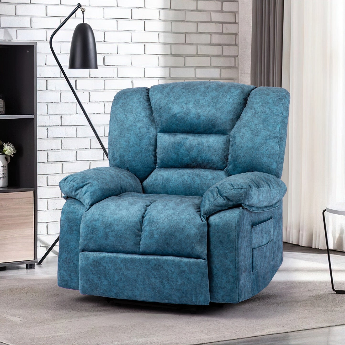 Fauteuil inclinable manuel surdimensionné bleu avec massage par vibrations, chauffage lombaire et poches latérales