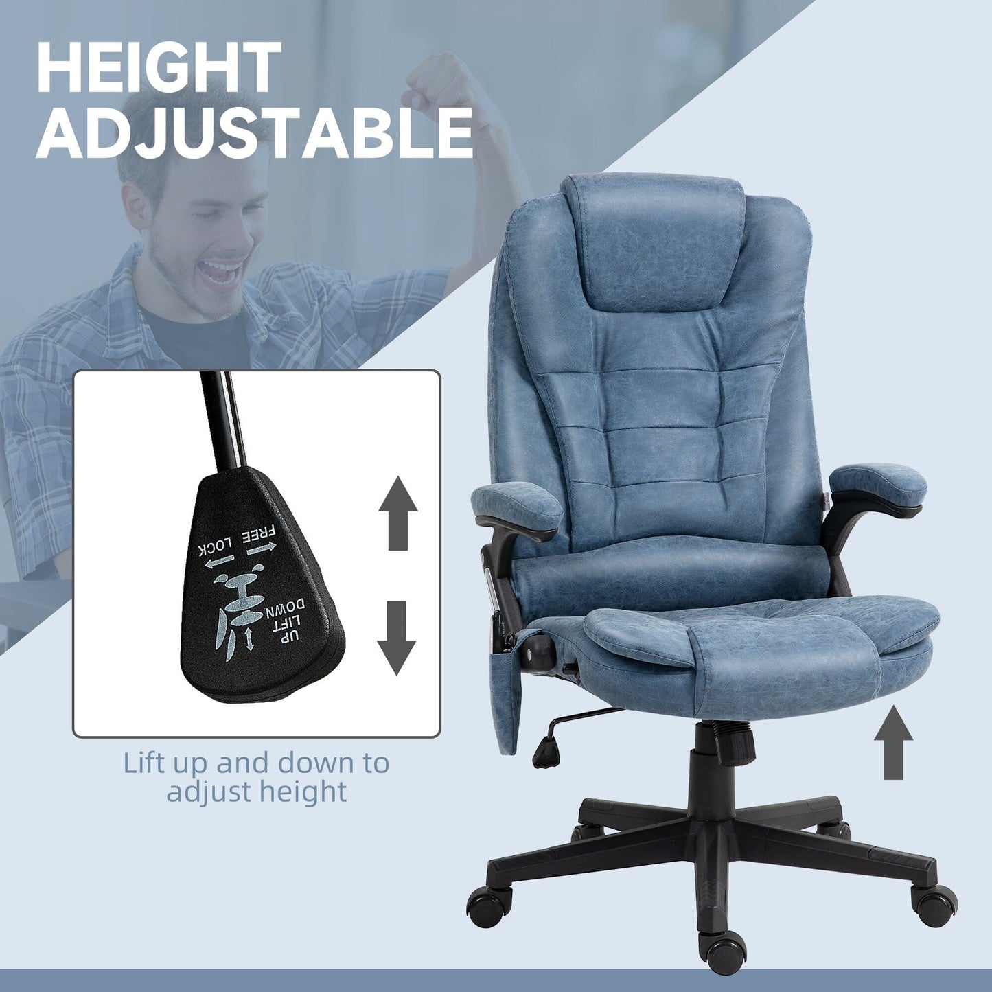 Fauteuil de bureau inclinable pivotant à 360° en cuir PU bleu avec massage par vibrations, chauffage lombaire et hauteur réglable