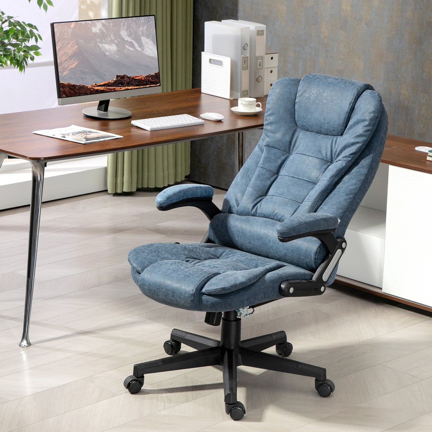 Fauteuil de bureau inclinable pivotant à 360° en cuir PU bleu avec massage par vibrations, chauffage lombaire et hauteur réglable