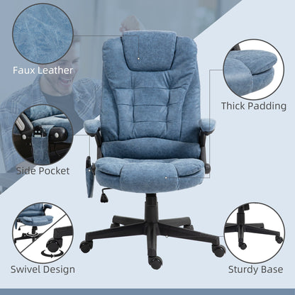 Fauteuil de bureau inclinable pivotant à 360° en cuir PU bleu avec massage par vibrations, chauffage lombaire et hauteur réglable