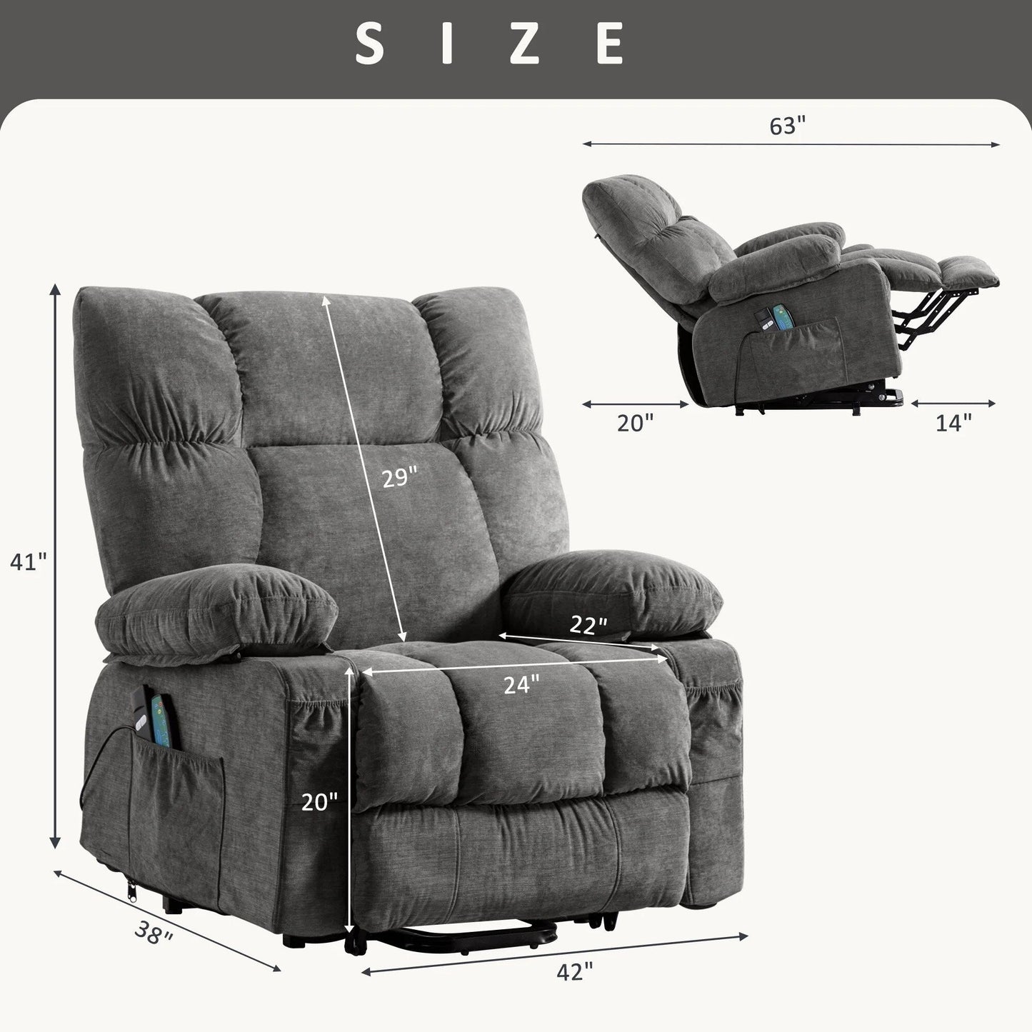 Fauteuil inclinable électrique bleu avec chauffage, massage, port USB et télécommande