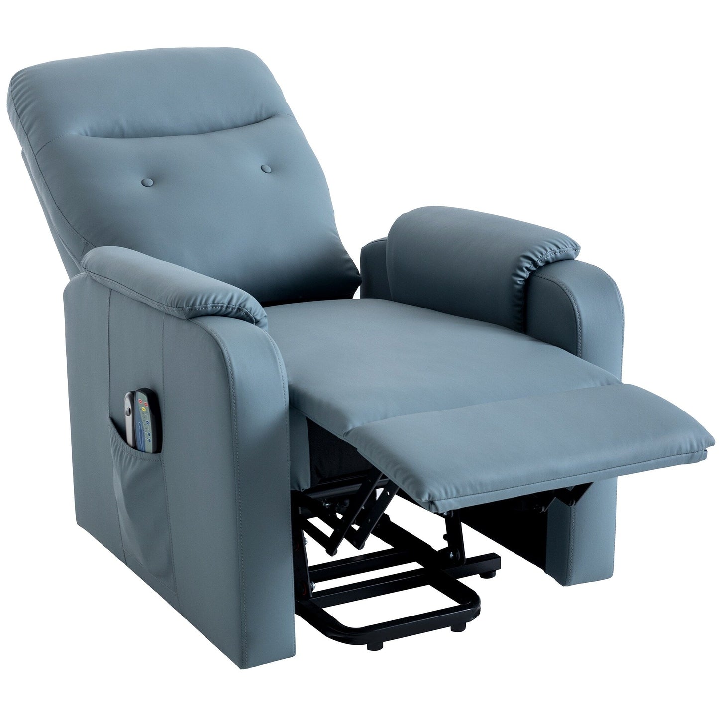Fauteuil inclinable électrique bleu avec massage, fonction chauffante, positions réglables, poche latérale pour plus de commodité