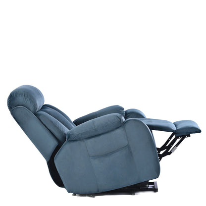 Fauteuil inclinable électrique bleu pour personnes âgées avec télécommande, revêtement antidérapant, coussin rembourré et poche de rangement latérale