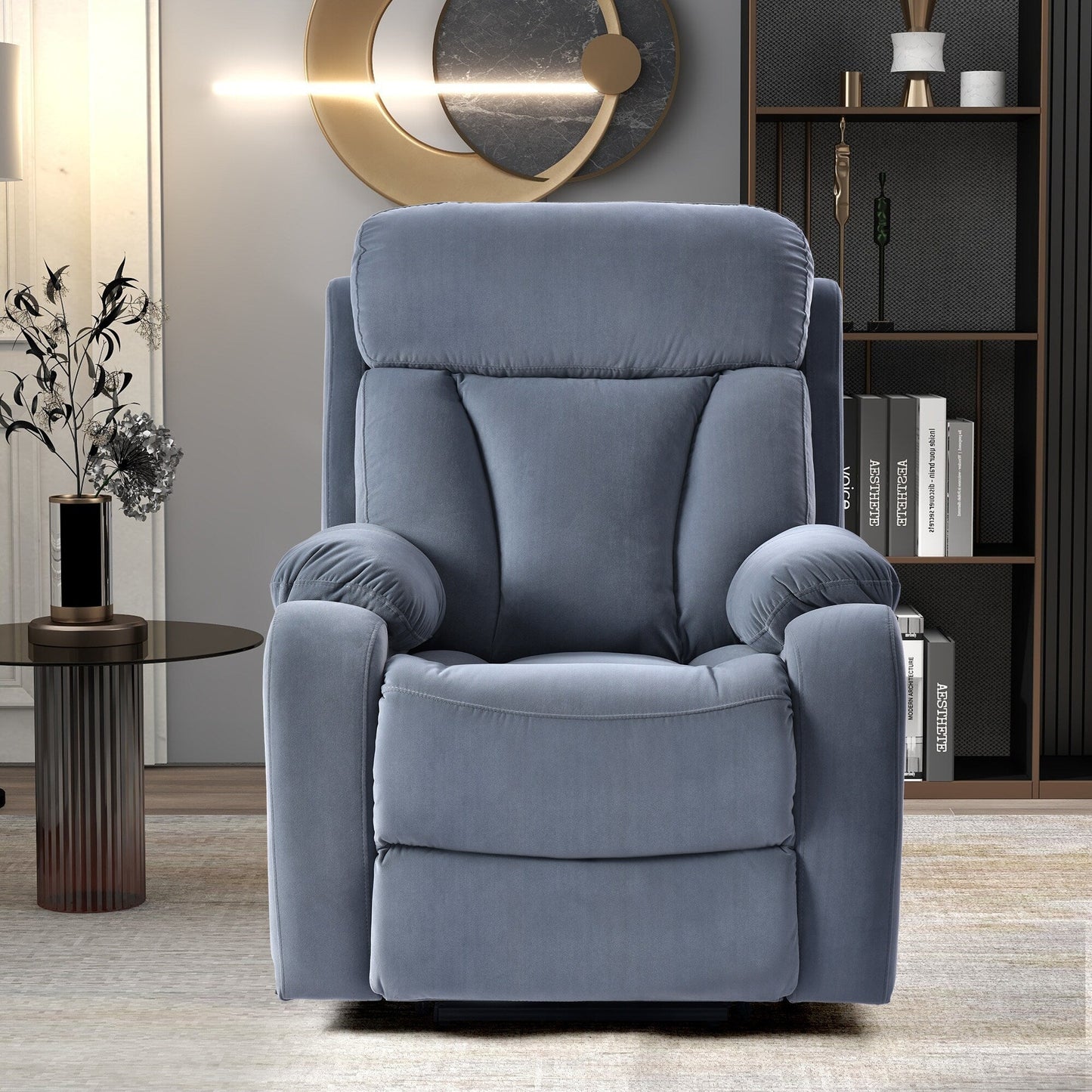 Fauteuil inclinable électrique bleu pour personnes âgées avec télécommande, revêtement antidérapant, coussin rembourré et poche de rangement latérale