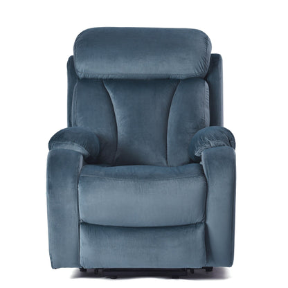 Fauteuil inclinable électrique bleu pour personnes âgées avec télécommande, revêtement antidérapant, coussin rembourré et poche de rangement latérale