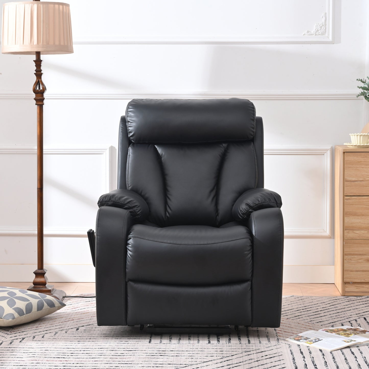 Fauteuil inclinable électrique bleu pour personnes âgées avec télécommande, revêtement antidérapant, coussin rembourré et poche de rangement latérale