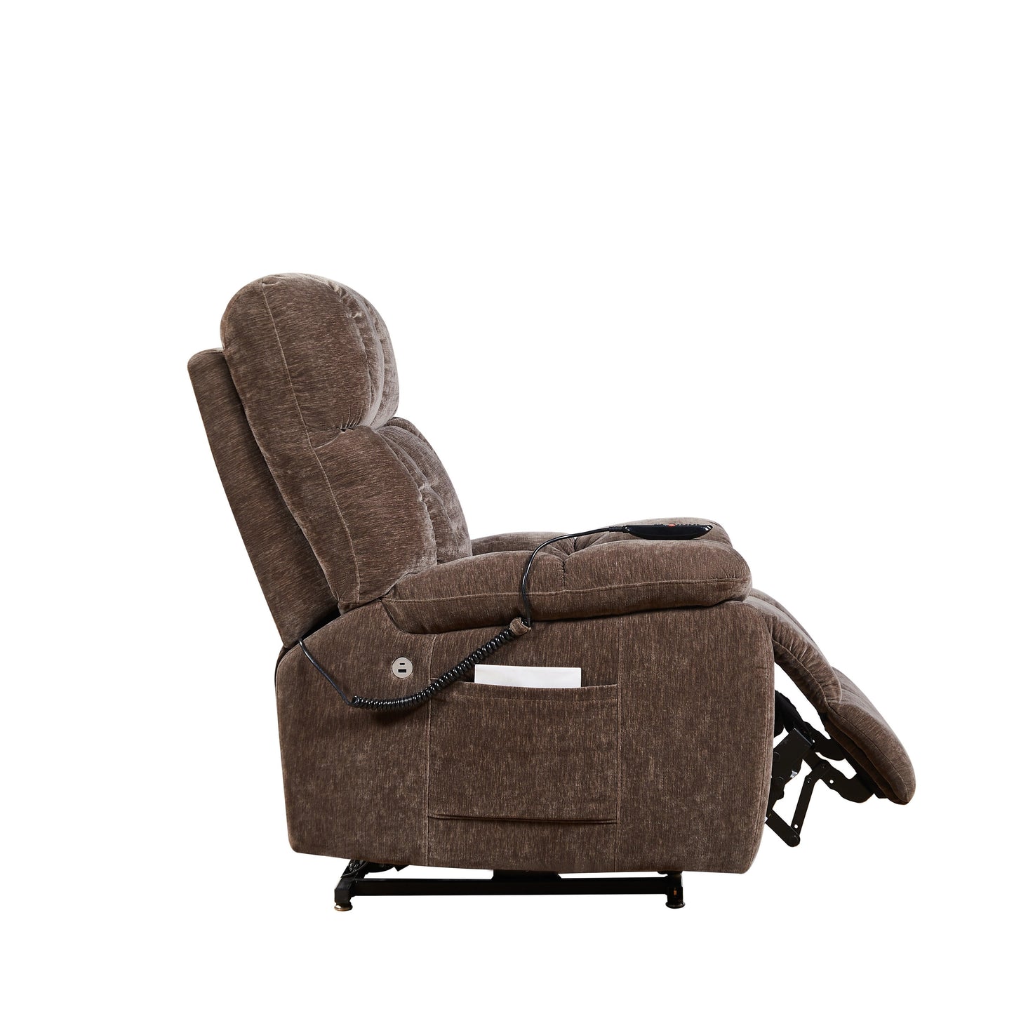 Fauteuil inclinable électrique bleu avec deux moteurs OKIN, massage par airbag, chauffage, inclinaison infinie, ports USB et rangement latéral