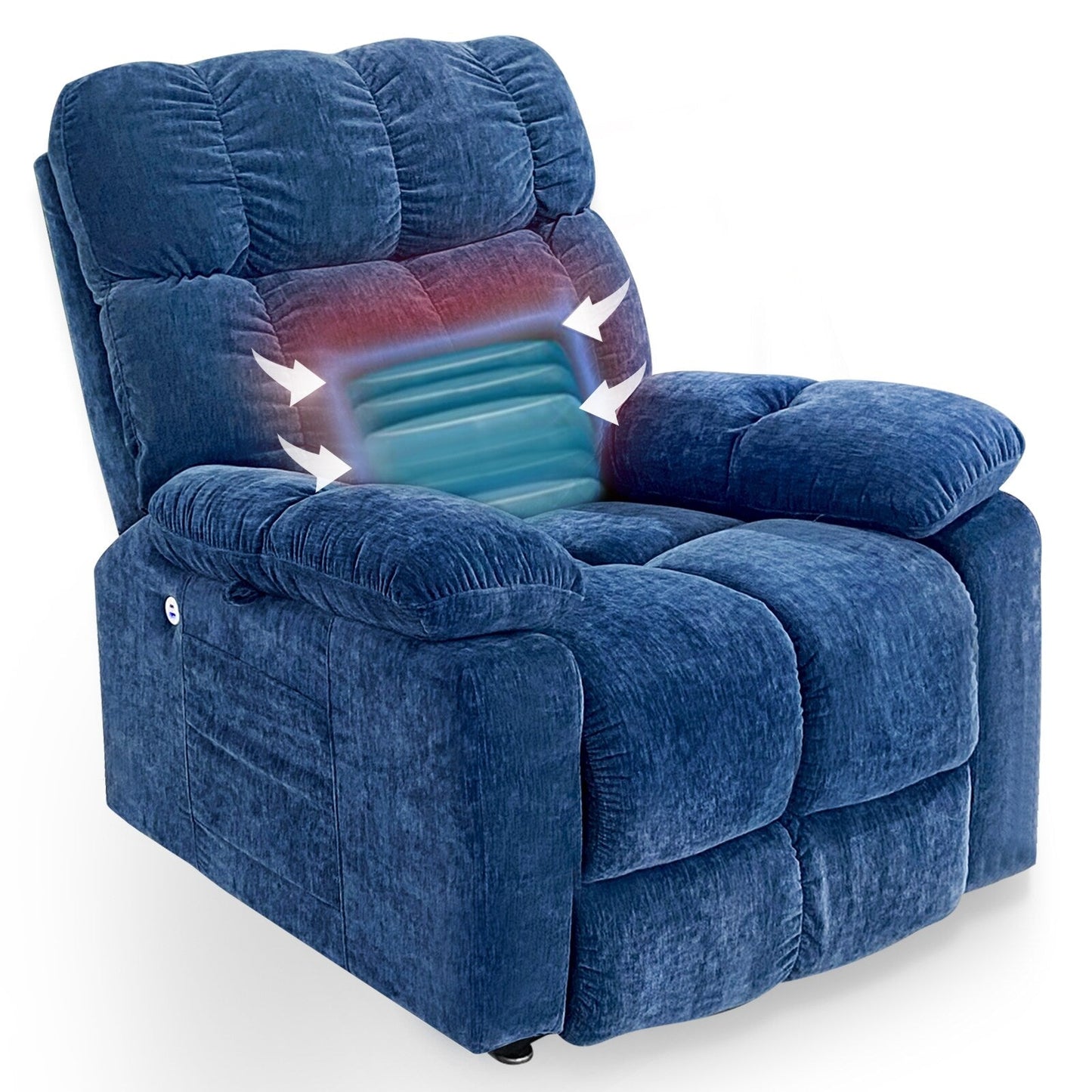 Fauteuil inclinable électrique bleu avec deux moteurs OKIN, massage, chauffage lombaire, positions réglables et rangement latéral