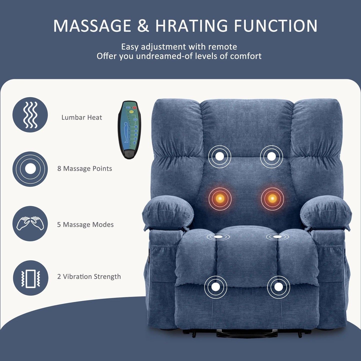 Fauteuil inclinable électrique bleu avec chauffage, massage et ports USB
