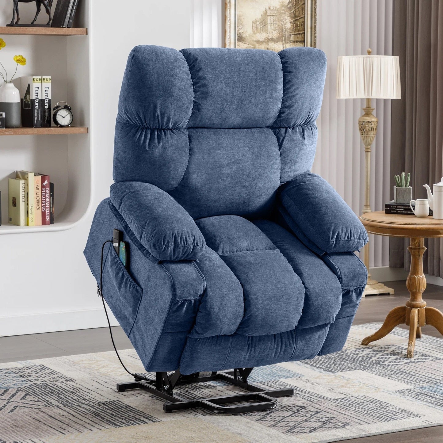 Fauteuil inclinable électrique bleu avec chauffage, massage et ports USB