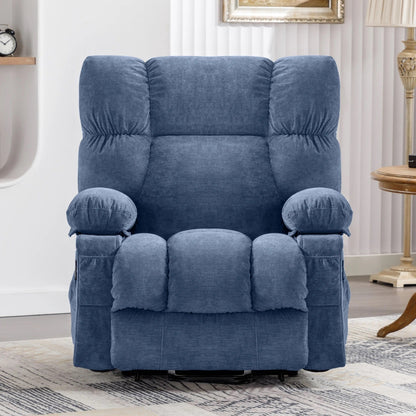 Fauteuil inclinable électrique bleu avec chauffage, massage, chargement USB, poches latérales et télécommande pour plus de commodité