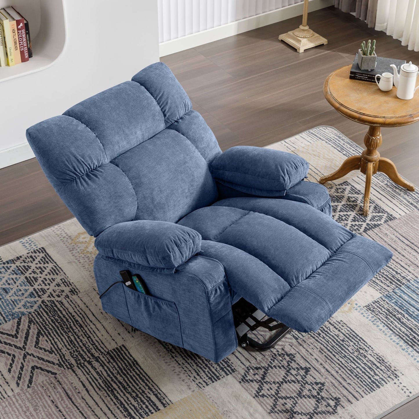 Fauteuil inclinable électrique bleu avec chauffage, massage, chargement USB, rangement latéral et télécommande
