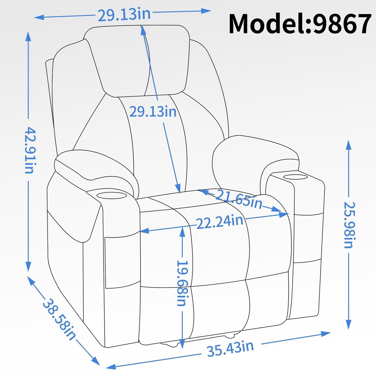 Fauteuil inclinable électrique bleu avec massage, chauffage et porte-gobelets