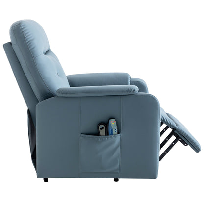 Fauteuil inclinable électrique bleu avec massage, chauffage, poches latérales et design confortable pour adultes et seniors