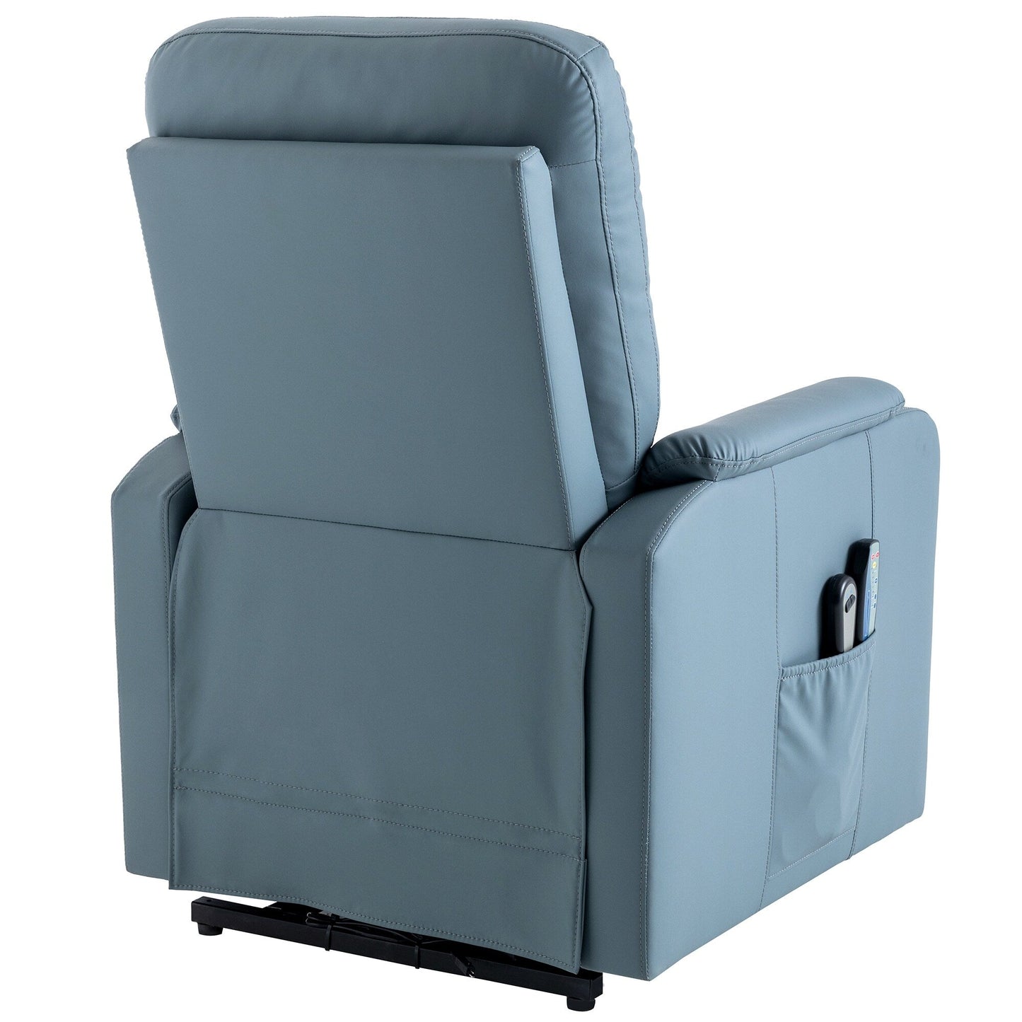 Fauteuil inclinable électrique bleu avec massage, fonction chauffante, réglages réglables et poche latérale pratique