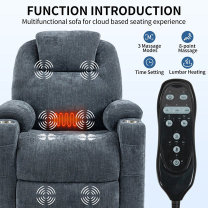 Fauteuil inclinable électrique bleu avec massage par vibration, chauffage, port USB et porte-gobelets