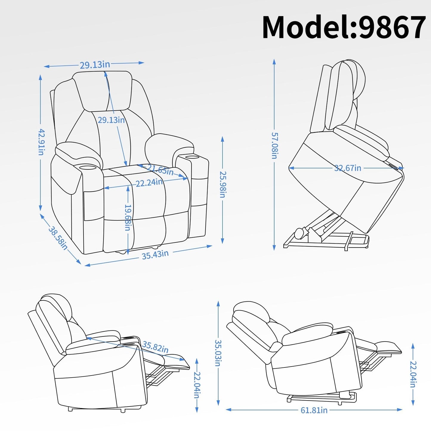 Fauteuil inclinable électrique bleu avec massage par vibration, chauffage, port USB et porte-gobelets
