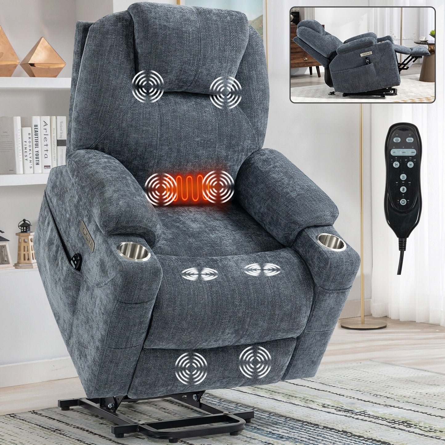 Fauteuil inclinable bleu avec massage par vibrations à 8 points, chauffage lombaire, deux ports USB et porte-gobelets en acier inoxydable