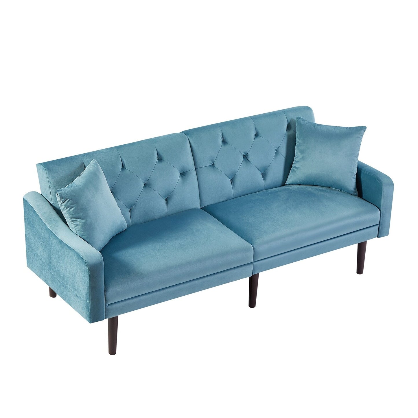 Canapé-lit 3 places en velours bleu avec coussins décoratifs et cadre en bois