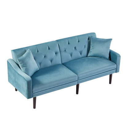 Canapé-lit 3 places en velours bleu avec coussins décoratifs et cadre en bois