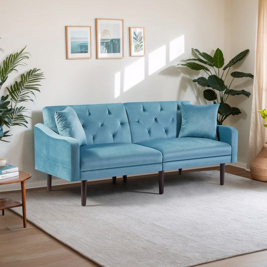 Canapé-lit 3 places en velours bleu avec coussins décoratifs et cadre en bois