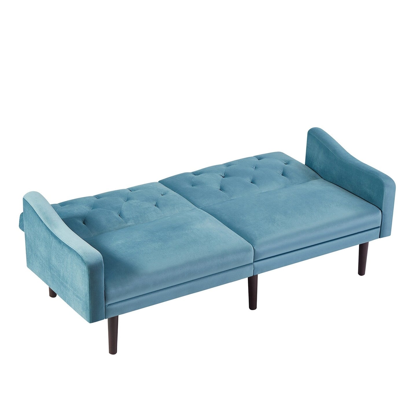 Canapé-lit 3 places en velours bleu avec coussins décoratifs et cadre en bois