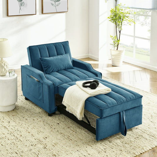 Canapé-lit simple convertible en velours bleu 35,5 avec lit gigogne, poche de rangement et oreillers