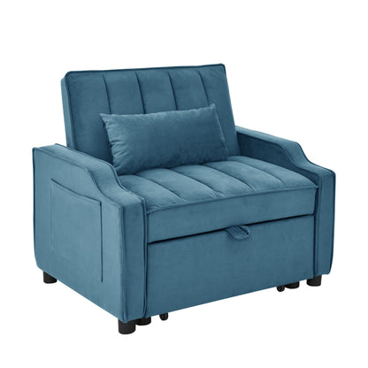 Canapé-lit simple convertible en velours bleu 35,5 avec lit gigogne, poche de rangement et oreillers