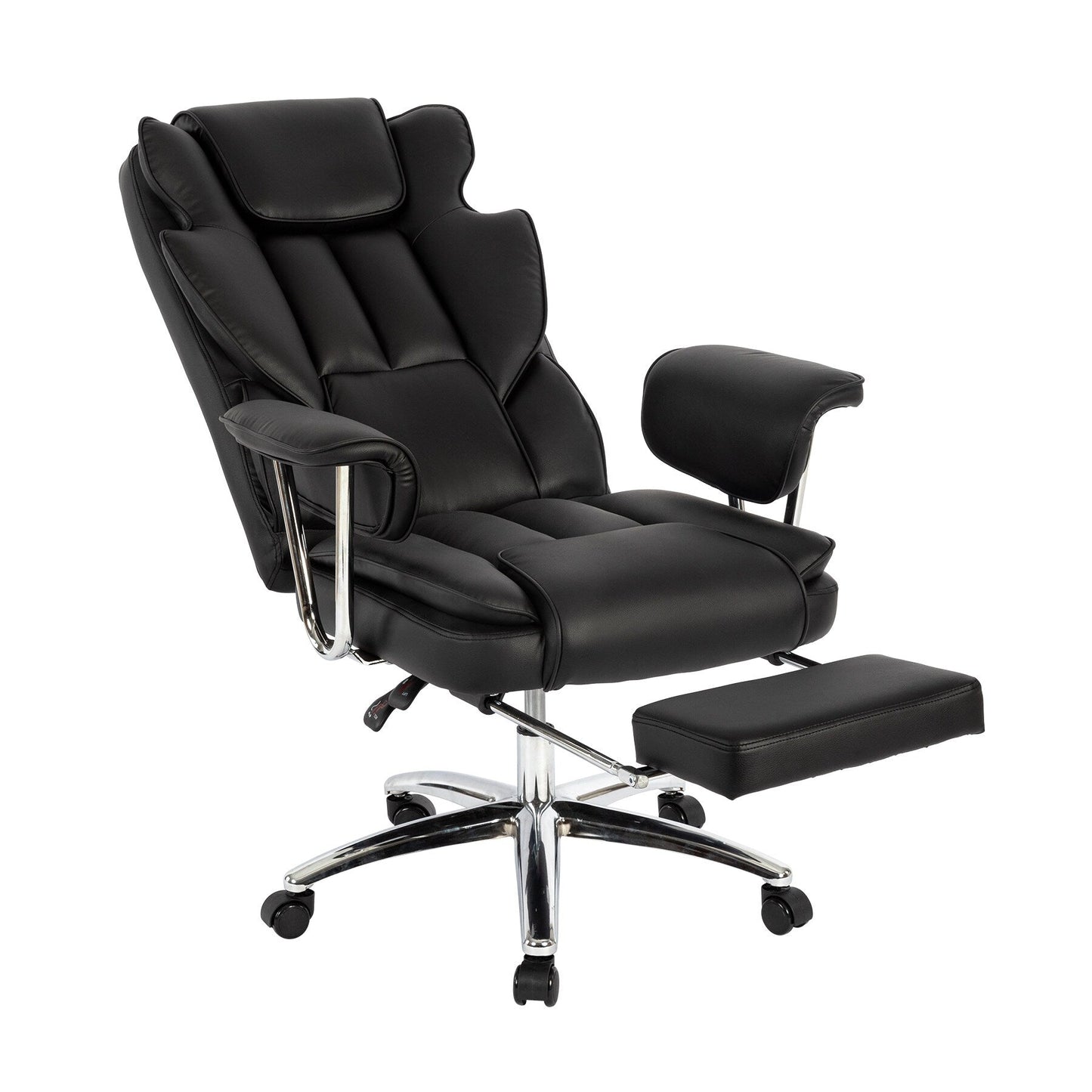 Fauteuil de bureau inclinable ergonomique pivotant à 360° en cuir reconstitué avec dossier haut et support lombaire, repose-pieds et hauteur réglable