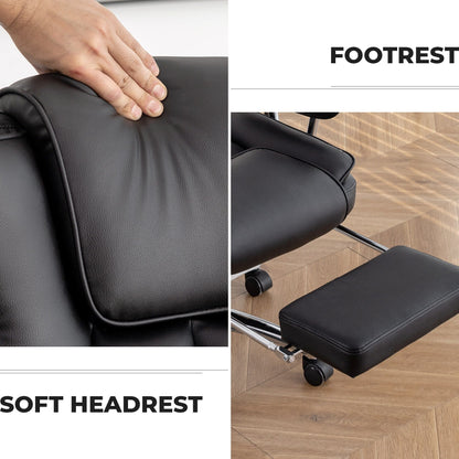 Fauteuil de bureau inclinable ergonomique pivotant à 360° en cuir reconstitué avec dossier haut et support lombaire, repose-pieds et hauteur réglable
