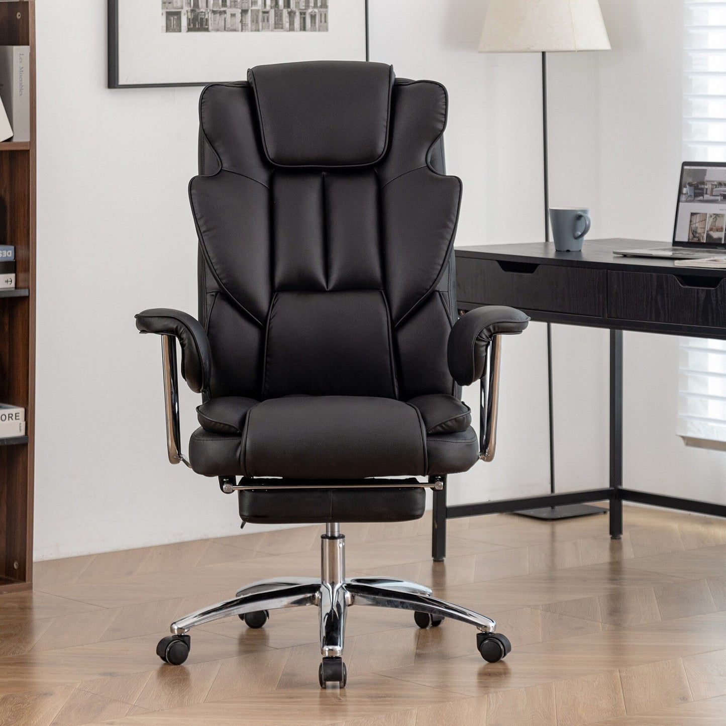Fauteuil de bureau inclinable ergonomique pivotant à 360° en cuir reconstitué avec dossier haut et support lombaire, repose-pieds et hauteur réglable