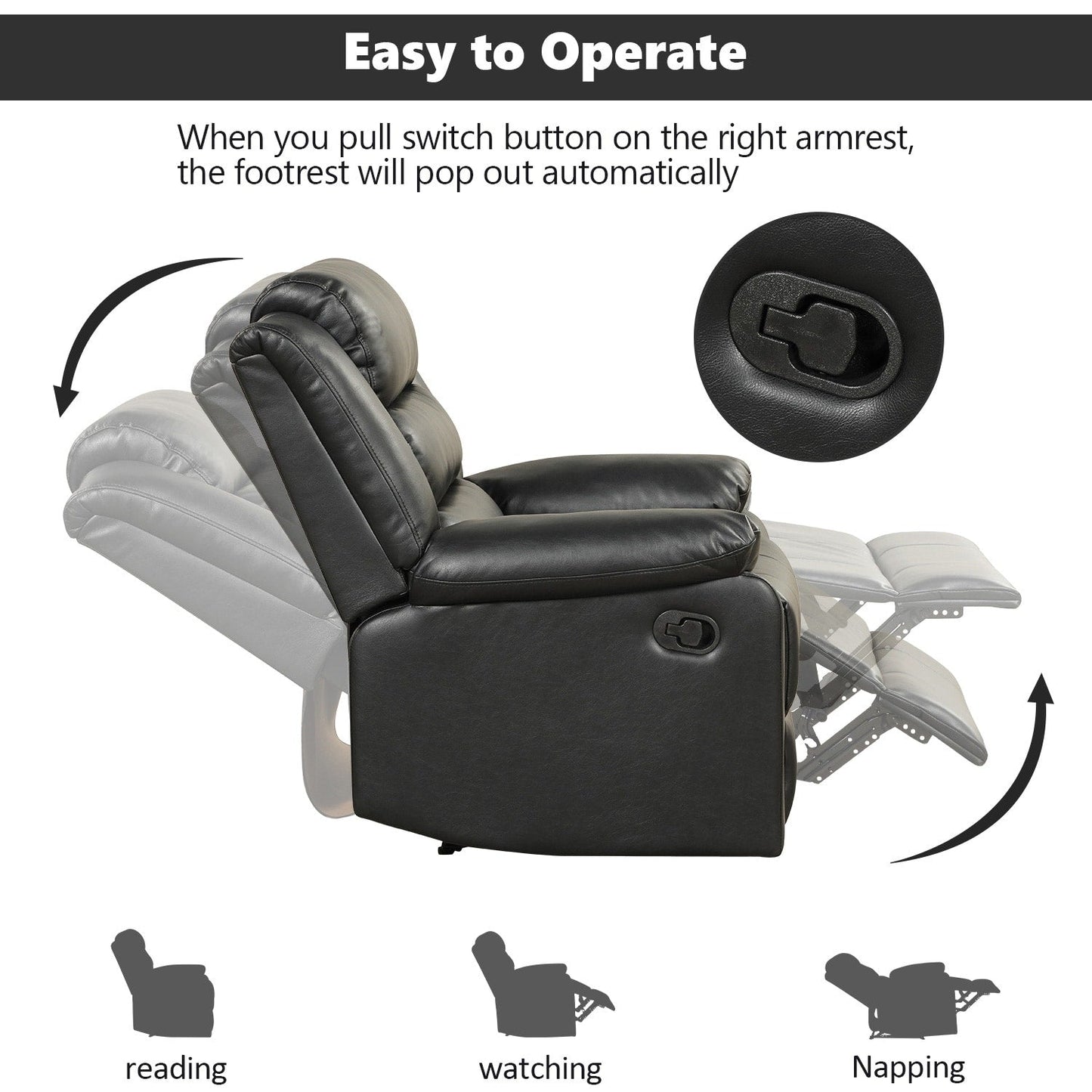 Fauteuil inclinable manuel en cuir PU respirant avec accoudoirs et dossier rembourrés