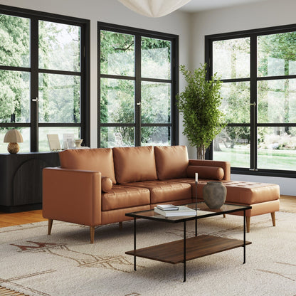 Canapé Breeze Mid-Century Modern, canapé en cuir avec coussin capitonné et cadre en bois massif