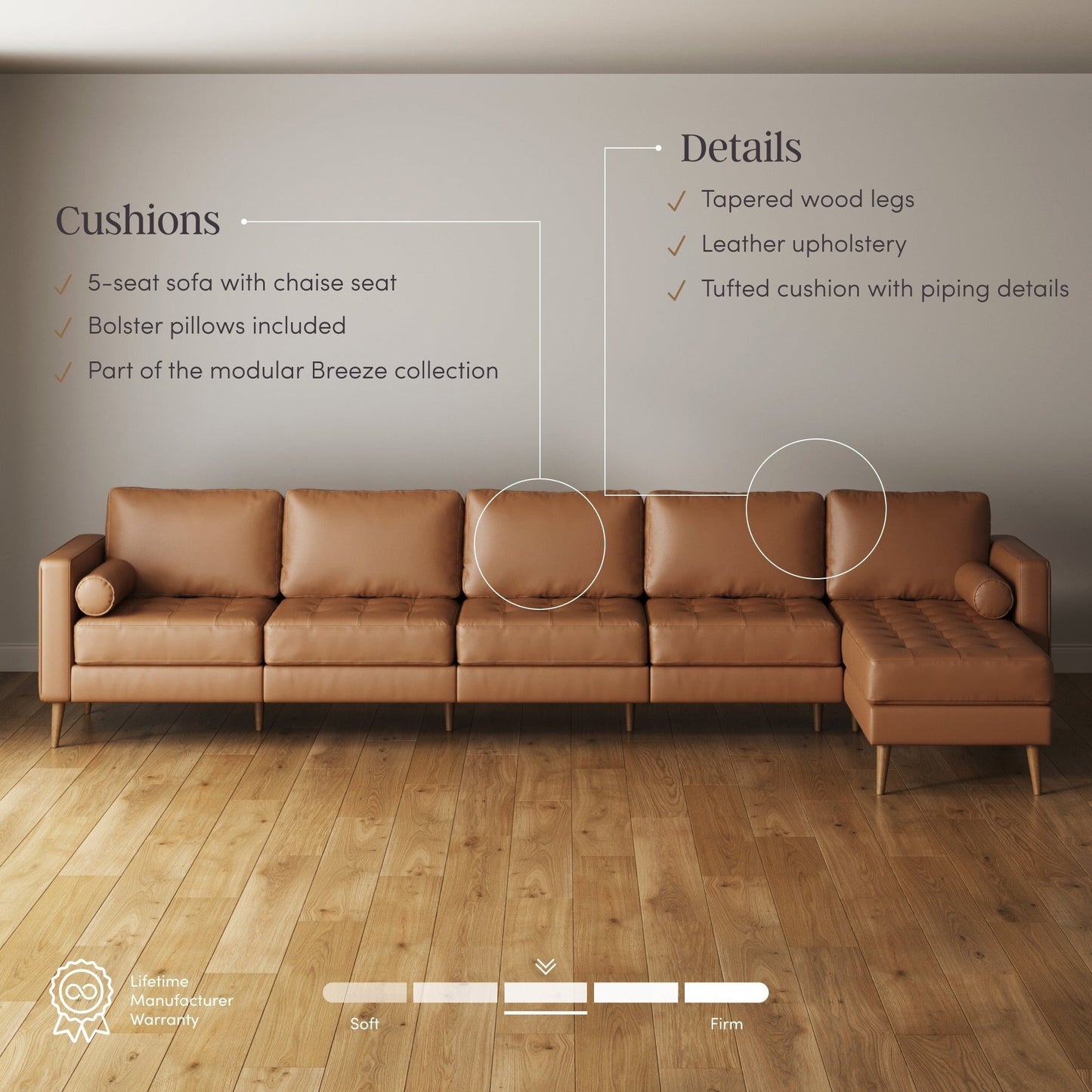 Canapé Breeze Mid-Century Modern, canapé en cuir avec coussin capitonné et cadre en bois massif