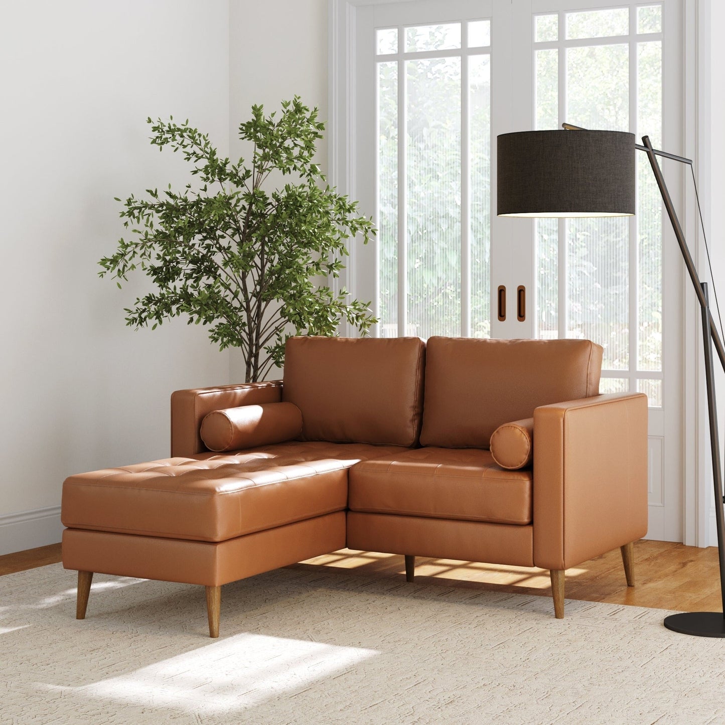 Canapé Breeze Mid-Century Modern, canapé en cuir avec coussin capitonné et cadre en bois massif