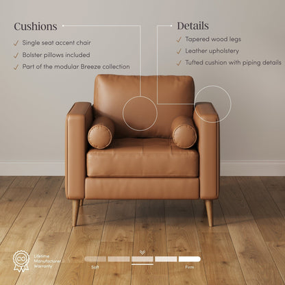 Canapé Breeze Mid-Century Modern, canapé en cuir avec coussin capitonné et cadre en bois massif