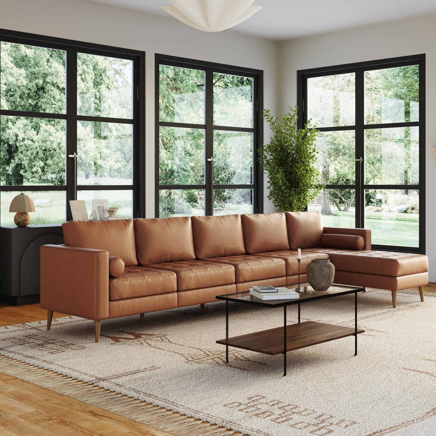 Canapé Breeze Mid-Century Modern, canapé en cuir avec coussin capitonné et cadre en bois massif