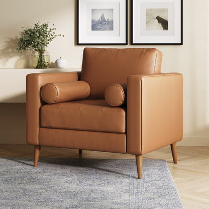 Canapé Breeze Mid-Century Modern, canapé en cuir avec coussin capitonné et cadre en bois massif