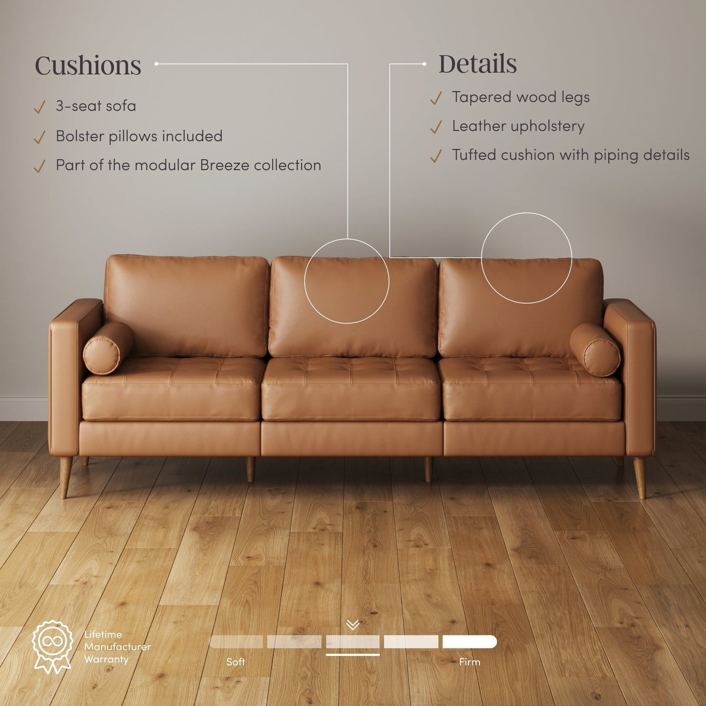 Canapé Breeze Mid-Century Modern, canapé en cuir avec coussin capitonné et cadre en bois massif